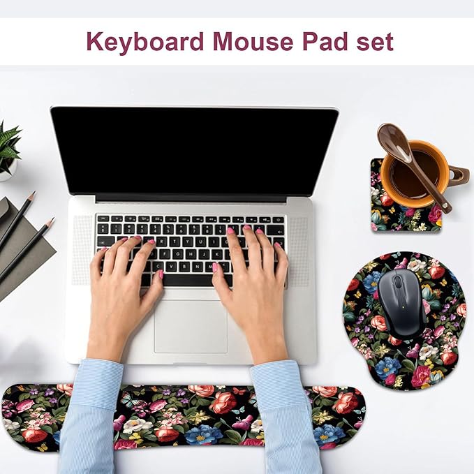 Keyboard Wrist Rest and Mouse Wrist Rest Pad with Cup Coaster,Made of Memory Foam,Ergonomic Support,Easy-Typing and Pain Relief,for Gaming Office Home Computer,Butterfly Flower