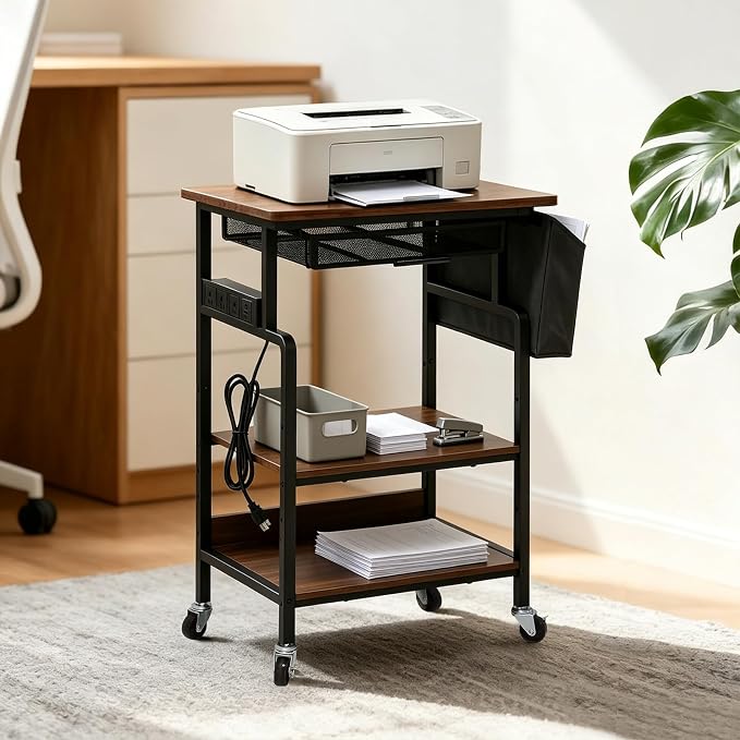 Printer Stand, 3-Tier Rolling Printer Cart with Storage Shelf, Drawers | With Power Outlet, Usb-C, Filing Pockets, Table Desk Organizer For Office Home, Printer, Scanner, Fax, microwave ovens