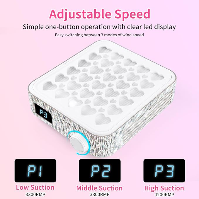 BQAN Portable Nail Dust Collector with 4200RPM Fan White AB Rhinestones | 10pcs Filter Papers Include & Nail Brush | Strong Suction | Adjustable Speed | For Acrylic & Gel | Professional & Home Use