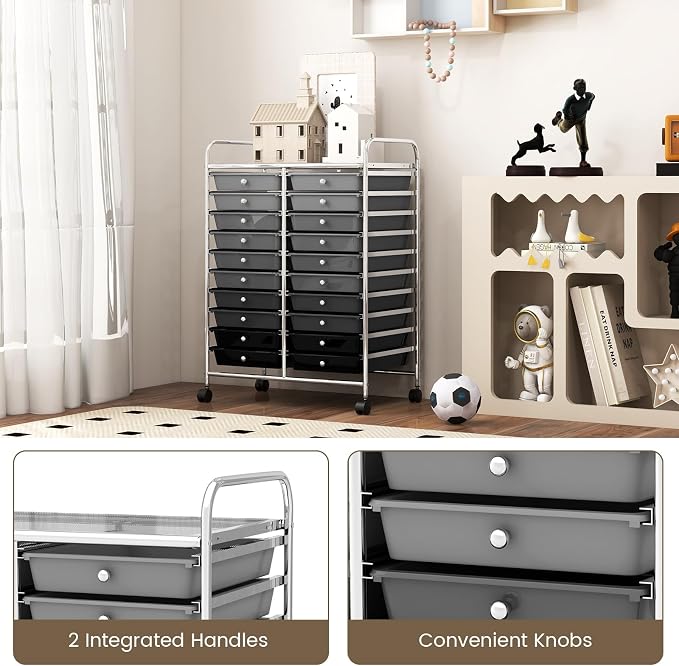RELAX4LIFE 20 Drawer Rolling Storage Cart, Mobile Rolling Cart w/Drawers for School Classroom Teacher Office Home Salon, Paper File Art Supply Craft Organizer, Utility Cart on Wheels (Gradient Grey)