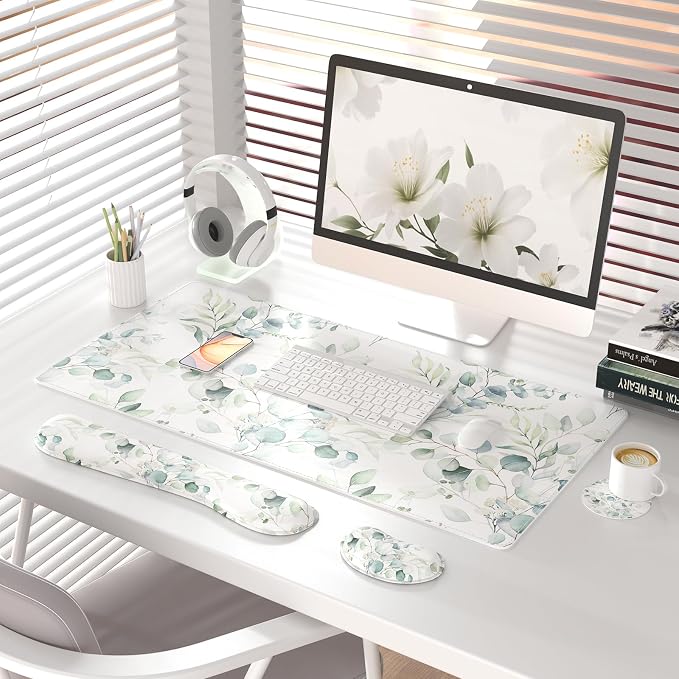 QIYI PU Leather Desk Mat Set, 4-in-1 Ergonomic Wrist Rest, Eucalyptus | Waterproof Large Mouse Pad 31.5×15.7 + Keyboard Wrist Rest + Mouse Wrist Support+Coaster, Non-Slip Office Gaming Accessories