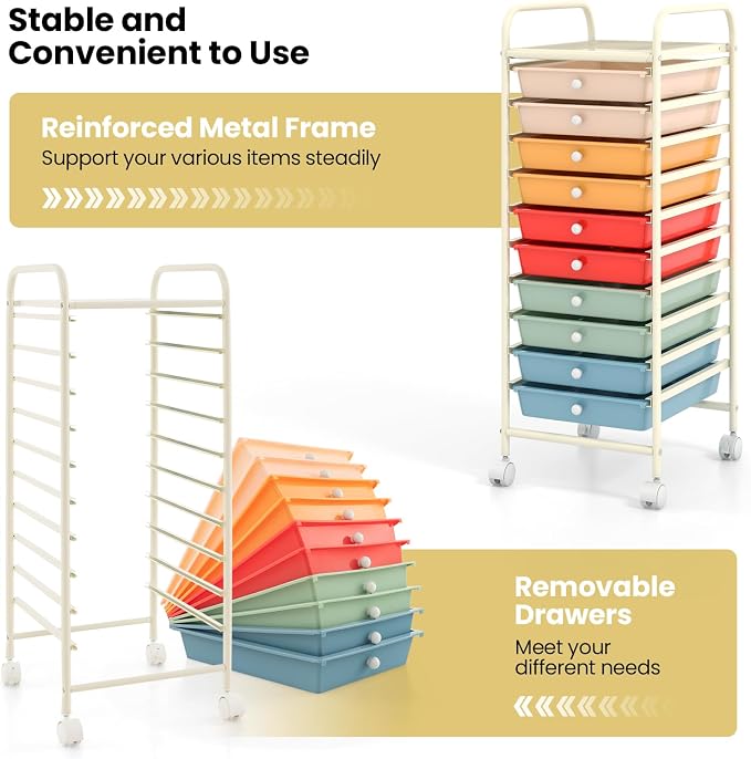 COSTWAY 10-Drawer Rolling Storage Cart, Utility Mobile Trolley | Removable Drawers & Universal Casters & 2 Brakes, Versatile Flexible Drawer Organizer Cart for Home, Office (Macaron)