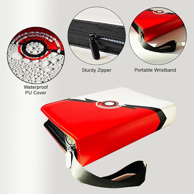 Card Binder 4 Pocket, 400 Pockets 3-Ring ZipperCards Holder Book with Removable 50 Sleeves, Card Folder Album for MTG, TCG, Yugioh Cards, Sports Cards (Red+White)