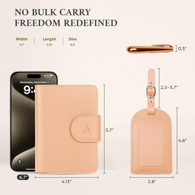 ALLIVE Rfid Passport Holder for Travel Women, Rfid Passport Cover Wallet, Genuine Leather Passport Holder for Travel with AirTag Hidden, Gift Set with Luggage Tag in Premium Gift Box (Beige)