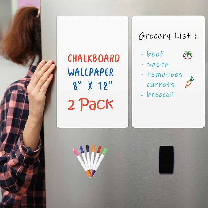 Magnetic Dry Erase Whiteboard for Fridge 8"x12" 2-Pack | Dry erase white board for fridge set with markers, eraser & magnets. Magnetic sheet sticks to fridge whiteboard