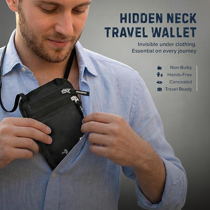 Zero Grid RFID Travel Neck Wallet, Large Passport Holder, Black | Slim & Concealable Travel Pouch for Men & Women; Holds Phone, Cash, Cards, Keys, Waterproof; 4 compartments; Adjustable Strap