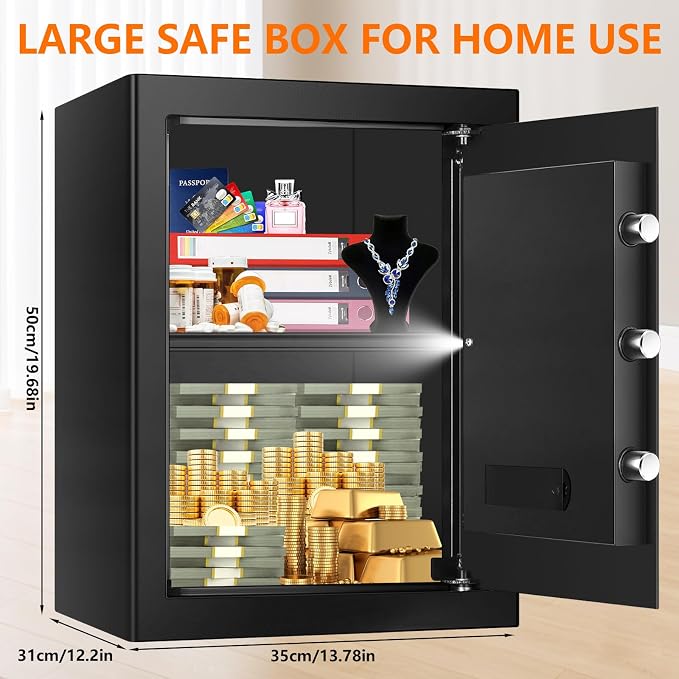 3.4 Cuft Large Safe Box for Home, Digital Security Safe with Programmable Keypad and Key Lock, Home Safe for Document Money Valuables