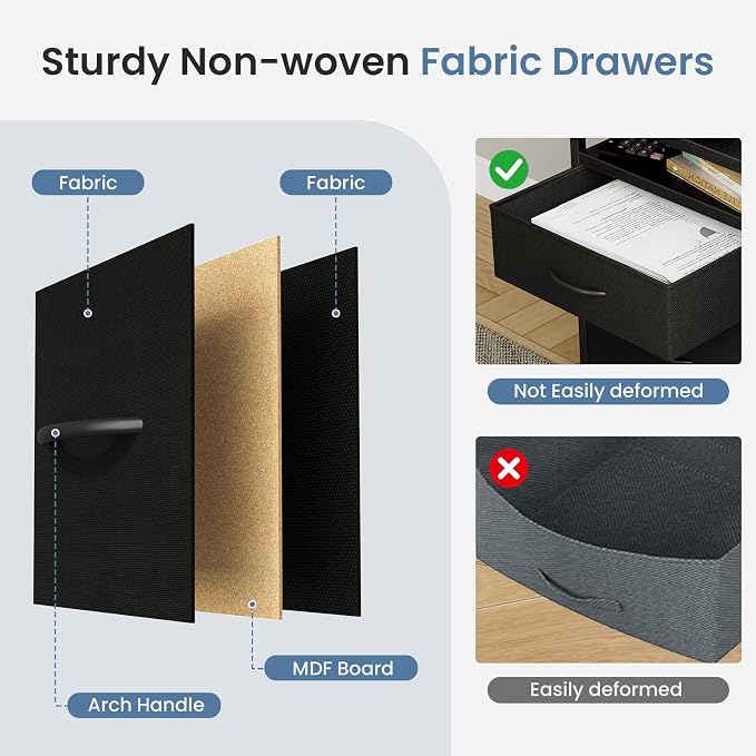 DUMOS 2 Drawer Mobile File Cabinet, Printer Stand with 24'' Wide Desktop | Fabric Drawer Cabinet Under Desk with Storage Side Bag,Rolling Printer Cart Not for Hanging Files for Home Office, Black