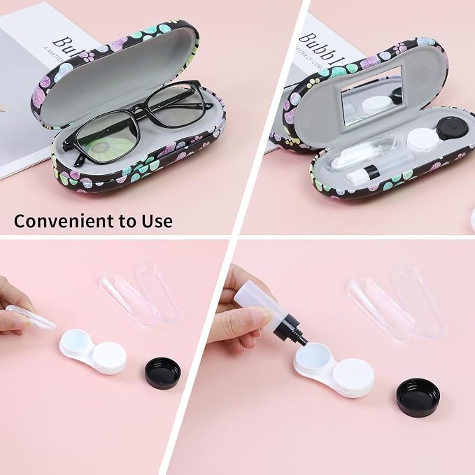 2 in 1 Contact Lens Case and Eyeglasses Case for Women Men Kids, Double Sided Hard Shell Portable Glasses Travel Holder with Built-in Mirror, Contact Lens Box Storage Kit (Multicolor Paw)