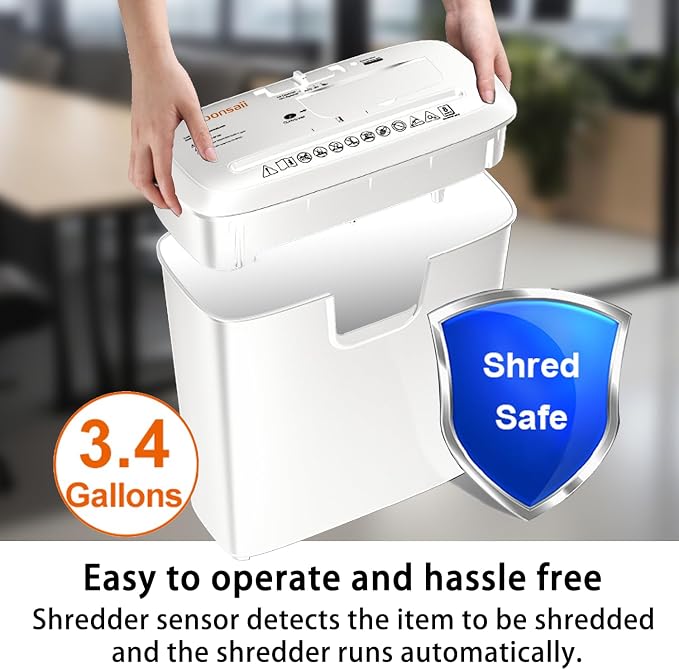 Bonsaii 8-Sheet StripCut Shredder - High Security, CD/Credit Card, Overheat Protection, 3.4 Gal Bin, Ideal for Home Office, Low Noise Operation, White