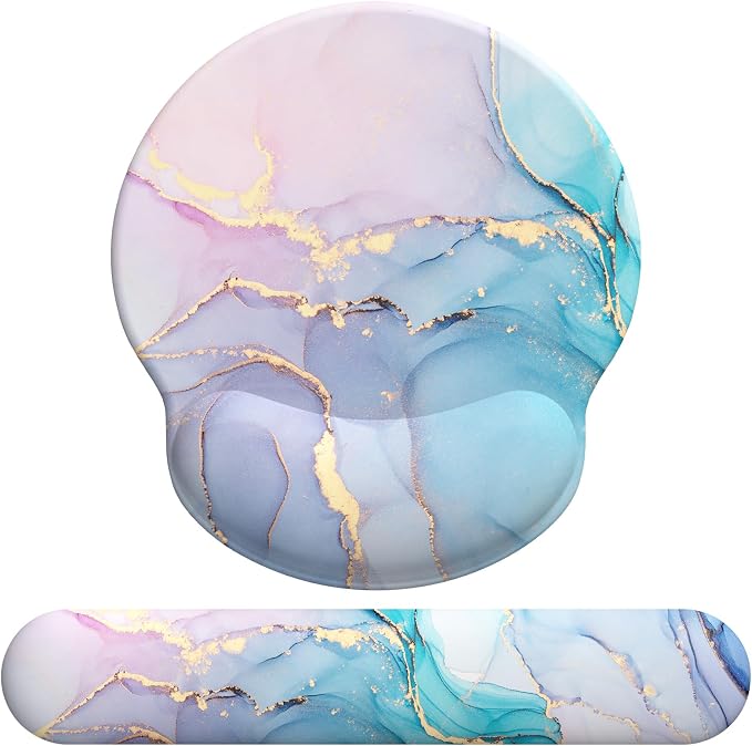 Mouse Pad Wrist Support, Ergonomic Memory Foam Keyboard Wrist Pad & Gel Wrist Rest Set for Computer Keyboard for Easy Typing & Pain Relief for Office & Home (Cyan Pink Marble)
