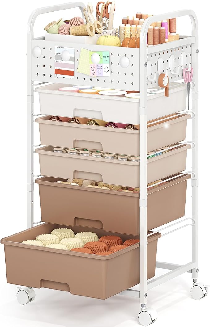 5 Drawer Rolling Storage Cart with Pegboard Top and Hooks, Brown | Mobile Organizer Cart with Wheels for Office Supplies, Craft Storage, Classroom Organization, Home Utility Cart
