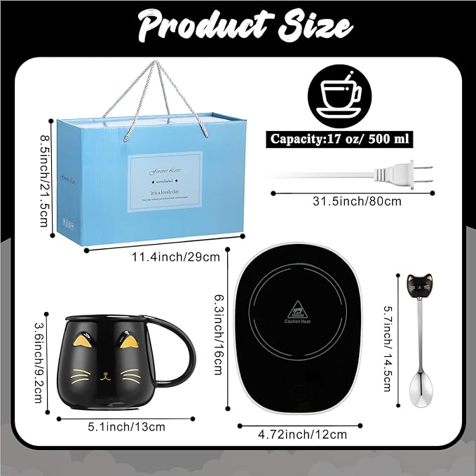 Cat Coffee Cup Coffee Warmer with Mug for Women Electric Mug Heater Temperature Control Ceramic Cute Cat Warmer for Office Valentine' Day Birthday Gift(Black)