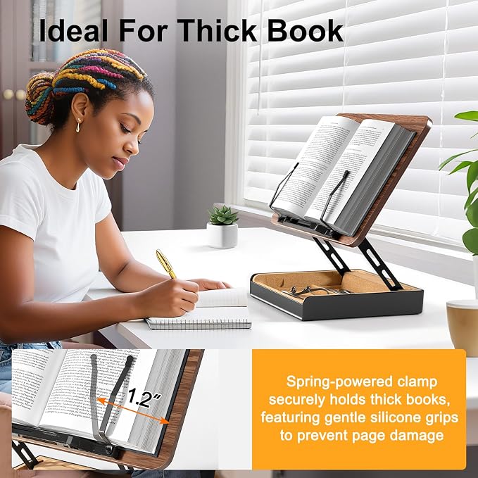 Book Stand with Storage, Book Holder for Reading Hands Free | Wooden Cookbook Stand for Kitchen Counter, Adjustable Reading Stand for Desk, Recipe Stand, Book Prop for Book Lovers