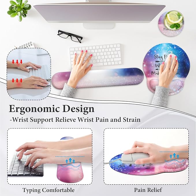 3 in 1 Ergonomic Mouse Pad and Keyboard Wrist Rest with Coaster Set-Glitter | Cute Large Mousepad with Gel Wrist Support for Gaming Computer Laptop Women Office Home Desk Decor