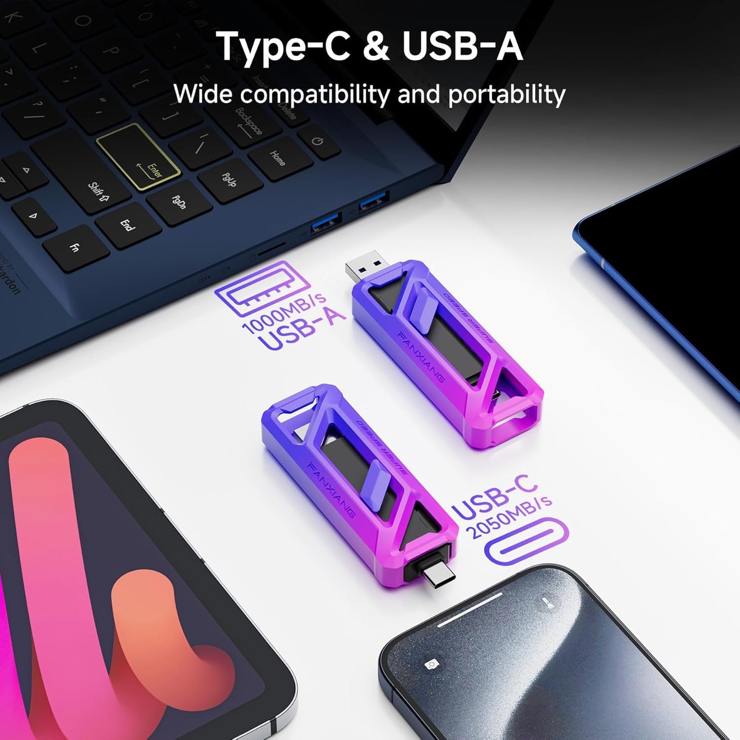 Flash Drive 1TB, Up to 2050MB/s USB 3.2 Gen2×2, USB Drive with USB A + Type C, 2-in-1 USB Memory Stick Thumb Drive for iPhone/Android/Windows/MacPC/Laptops, FF958