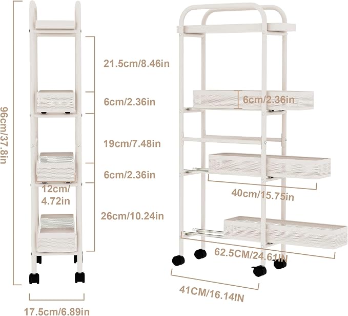 UMDONX 4-Tier Narrow Mobile Storage Cart with Pull-Out Baskets | The Multifunctional Pull-out Storage Rack Is Suitable for Bathrooms, Kitchens, and Laundry Rooms
