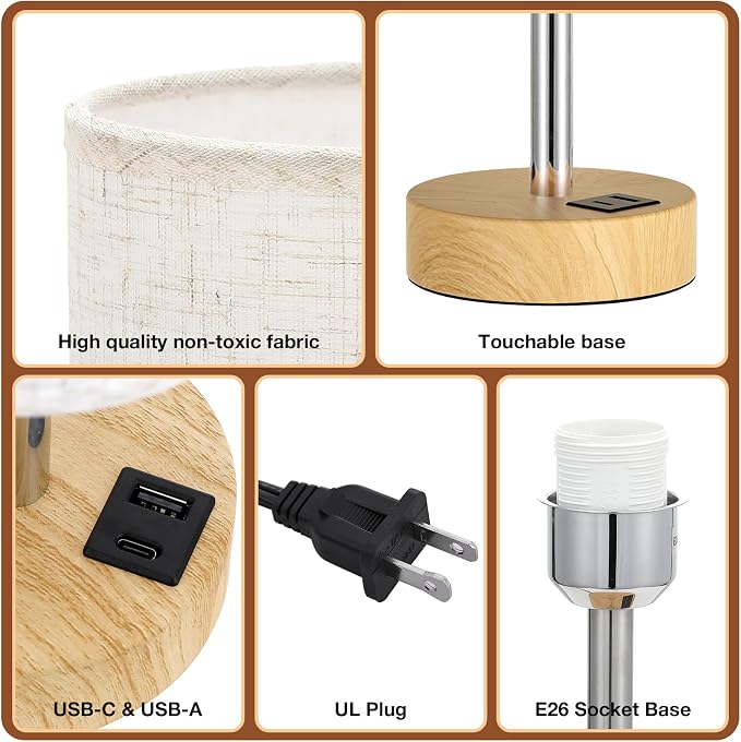 Dicoool Bedside Table Lamp for Bedroom - 3-Way Dimmable Touch Lamp, USB A+C | LED Bulb Included, 14" Small Nightstand Lamp for Desk, Living Room, Guest Room, Cream Fabric Lampshade, Wood-Grain Metal Base
