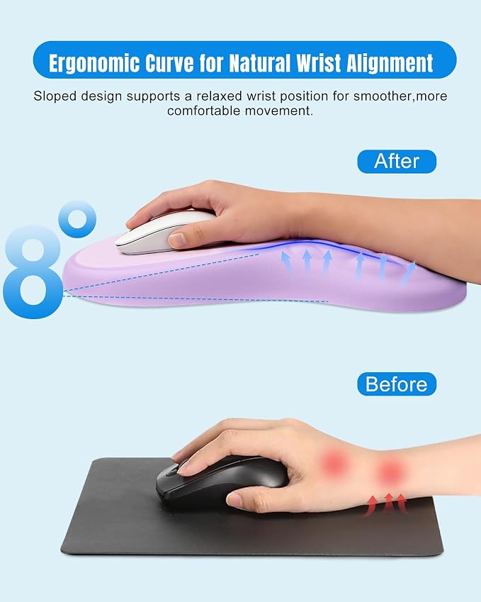 Ergonomic Mouse Pad with Sloped Memory Foam Wrist Rest, Purple&Grey | 3D Textured Wrist Cushion, Smooth Lycra Surface, Non-Slip PU Base, Comfortable Support for Office/Home Computer Desks