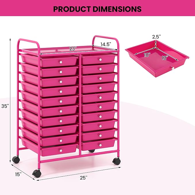 COSTWAY 20-Drawer Rolling Storage Cart, Utility Storage Organizer Cart | For Tools, Scrapbook, Paper, Craft, Multipurpose Storage Trolley on Wheels for Home Office School (Hot Pink)