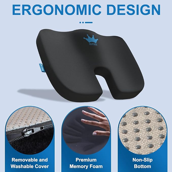 Seat Cushion for Office Chair & Car - Memory Foam Coccyx Support Pillow with Non-Slip Cover, Sciatica & Lower Back Pain Relief,Ergonomic Seat Pad for Long Drives (Medium Firm-Black)