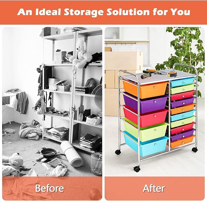 15 Drawer Rolling Storage Cart, Rolling Cart with Drawers for Classroom, Art Supply Craft Organizer on Wheel with Metal Frame & Handles for Home Office School