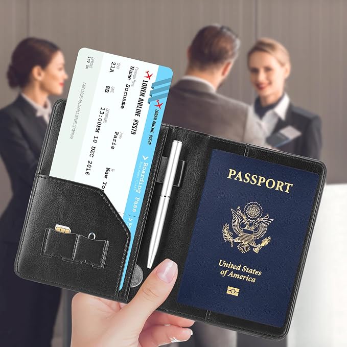 ACdream RFID BLOCKING Passport Holder Travel Wallet, Premium PU Leather Cover Passport Book with Card Holder, Pen Holder, Keep Organization, and Travel Essentials for Women and Men, Black