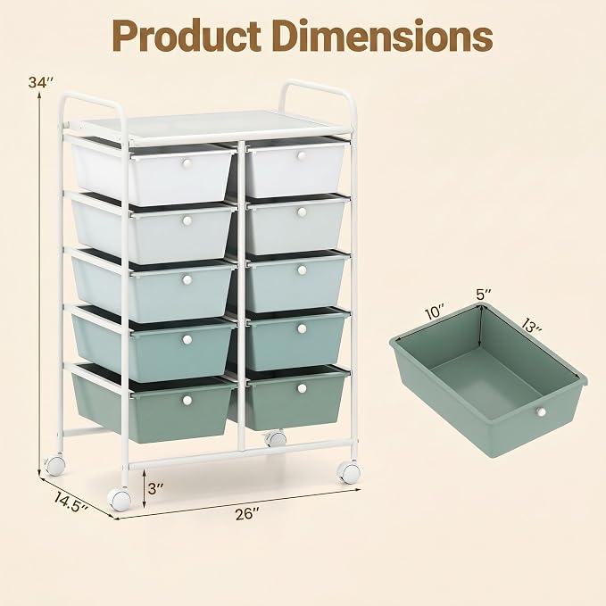 COSTWAY 10 Drawer Rolling Storage Cart, Utility Cart with Lockable Wheels | Mobile Art Supply Craft Organizer with Metal Frame, Multipurpose Drawer Cart for Paper for Office, School, Green Gradient