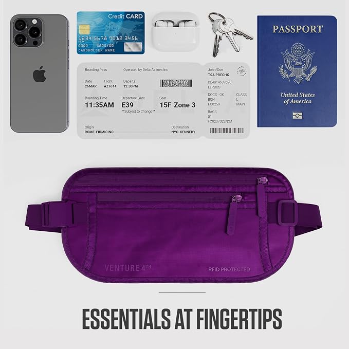 VENTURE 4TH Travel Money Belt, RFID Blocking Passport Holder - Sleek Purple