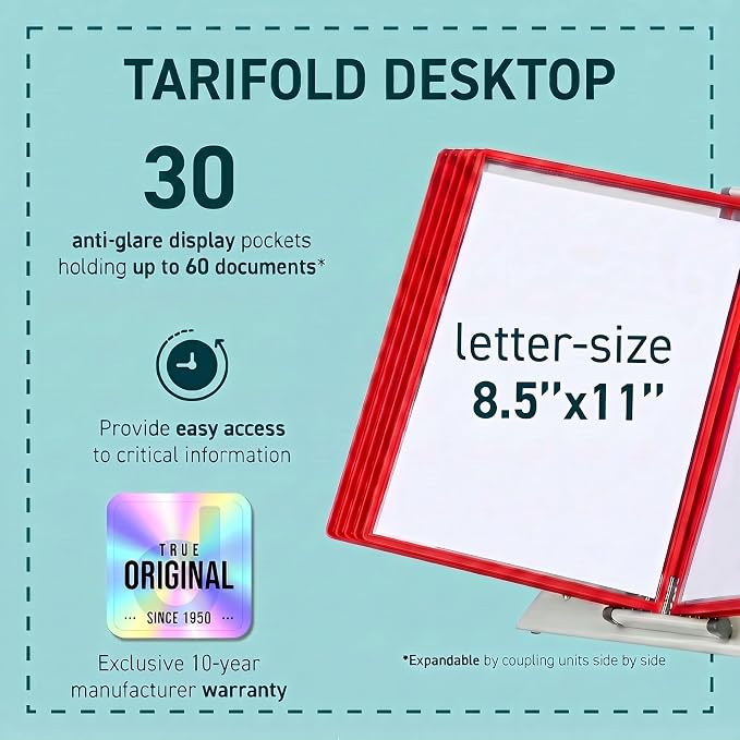 Tarifold Desktop Reference Display System, 30 Pockets, Expandable, Red | 30 double-sided PVC pockets, holds 60 letter-size sheets, sturdy metal base, quick-find indexing, quick and easy to assemble