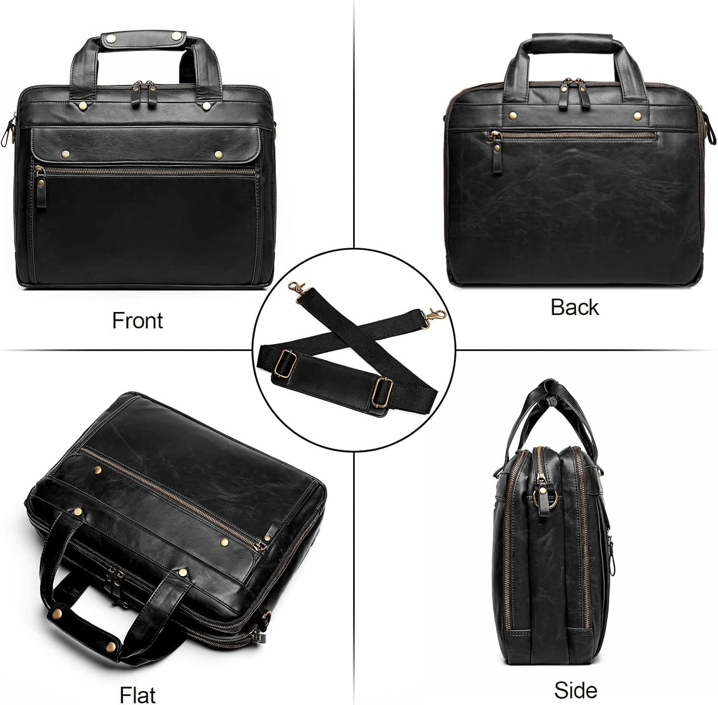Leather Briefcases for Men 15.6 Inch Laptop Messenger Bag with Triple Compartments Water-Resistant Computer Shoulder Bag for Business, Travel, Work, Office, Black