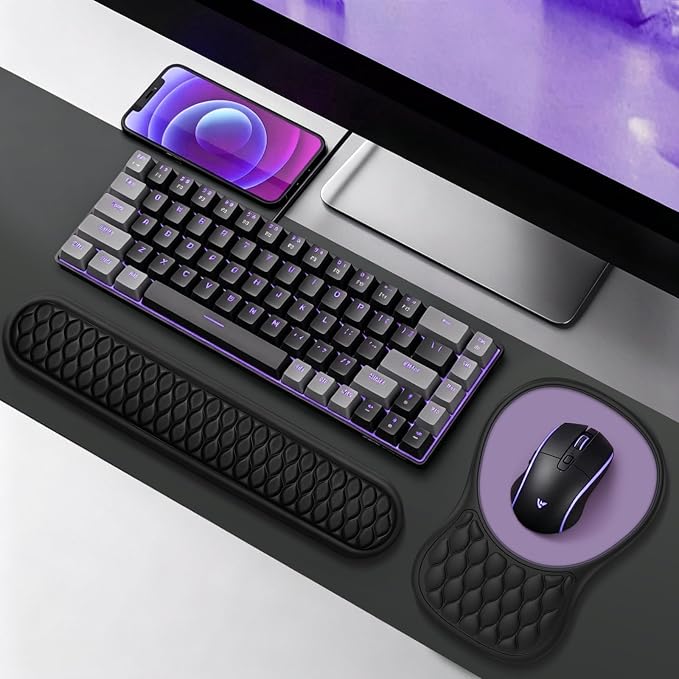 Wrist Rest for Computer Keyboard and Mouse Pad Set with Massage Design | Ergonomic Memory Foam Wrist Support Mouse Pad for Pain Relief,Easy Typing,Desk Wrist Pad for Office Home(2-in-1 Black+Purple)