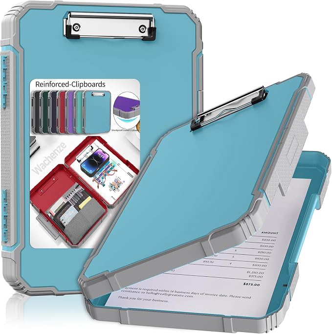 Clipboard, Clipboard with Storage, Heavy Duty Clip Boards 8.5x11, Protective Over Molded Edge, Plastic Clipboards, Contractor Folder with Internal Pen Pouch for Driver (Light Blue)