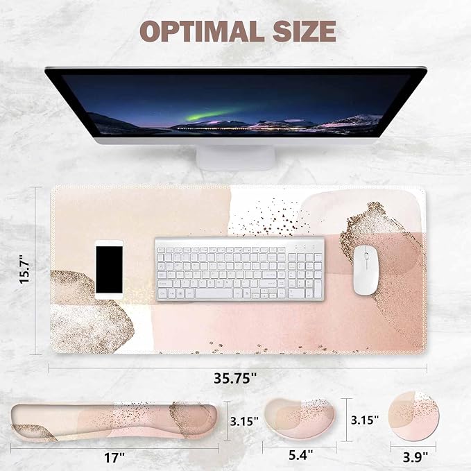 ToLuLu Extended Gaming Mouse Pad, Ergonomic Keyboard Mouse Wrist Rest Set | Large Desk Mat with Stitched Edges, Memory Foam Support Non-Slip Base Mousepad for Home Office Game Study, Gold Art Style