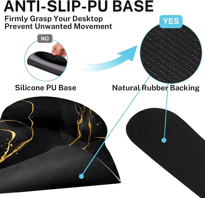Ergonomic Mouse Pad Set with Wrist Rest, Black Gold Marble | Abstract Modern Non-Slip Rubber Base Wrist Cushion Support and Coasters Mousepad with Wrist Support for Computer Keyboard