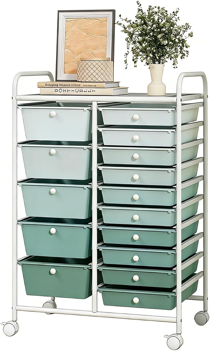 GLACER 15 Drawers Rolling Storage Cart, Steel Frame Craft Organizer Cart | Utility Cart w/ Lockable Wheels & Handle, Mobile Art & Tool Supply Trolley for Teacher, Home, School, Office (Green Gradient)