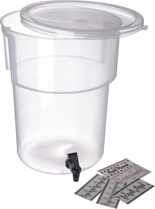 Carlisle FoodService Products Round Beverage Dispenser Drink Dispenser with Spigot for Catering, Plastic, 5 Gallons, Clear