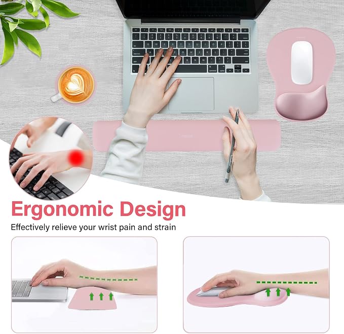 MOSISO Wrist Rest Support for Mouse Pad & Keyboard Set, Pink | Ergonomic Mousepad&Coaster, Non-Slip Base Home/Office Rectangular Easy Typing Pad with Soft Cloth&Curved Memory Foam