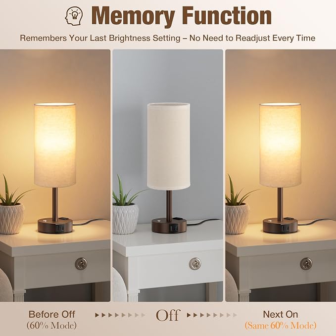 Brown Touch Bedside Lamp for Bedroom, Stepless Dimmable, USB A+C, AC Outlet | Base Touch Button Only, Memory Brightness, Ultra-dim Night Light, Included Bulb for Optimal Dimming, Beige Fabric Shade, Desk