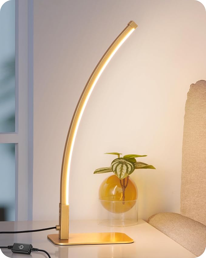 EDISHINE Curved LED Table Lamps for Living Room, Modern Bedside Lamp, Gold | 3 Color Temperature & Stepless Dimming, Aluminum & Iron, Silicone Lampshade, Ideal for Living Room, Office