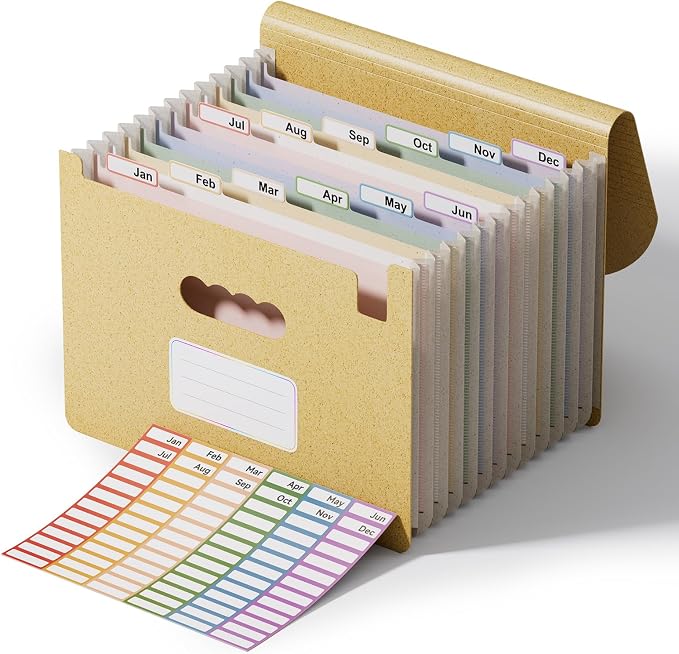 ThinkTex 12-Pocket Accordion File Organizer, Letter & A4 Size, 16 Colors | for Paper Receipts, Bills&Taxes Organizer, Portable Letter/A4 Size Document Holder for School, Office, Home