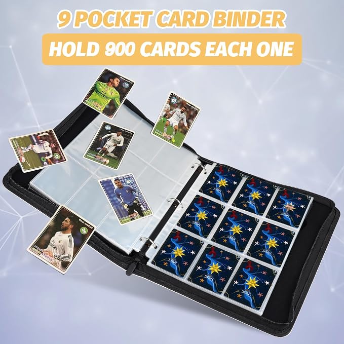900 Pockets Round Ring Trading Card Binder, 9-Pocket Clear Zipper Card Album with Wrist Strap, Holds 900 Standard TCG & Sports Cards, Not Fit Top Loaders (Carbon Purple)
