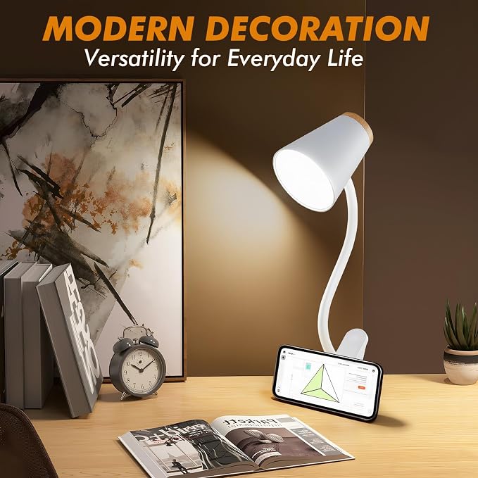 EJIAXIN Clip on Desk Lamp for Home Office - Small LED Touch Dimmable Reading Light for College Dorm Room - Adjustable Flexible Gooseneck Clamp Light Table Lamp for Bedside Bedroom Bed Headboard White