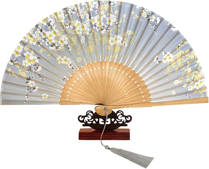 EOSAU Bamboo Hand Fan Foldable 8.3 Inch, Portable Folding Fan with Pouch for Church Wedding Makeup, Small Decorative Cooling Fan for Women (Gray)