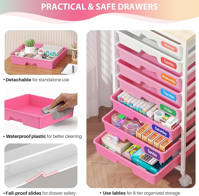 Goovilla Rolling Cart with 8 Drawers for Art, Dorm, Office, Craft, Pink | Utility Cart Organizer With 8 Removable Drawers and Wooden Tabletop, Lockable Rolling Storage Organizer for Classroom, Home