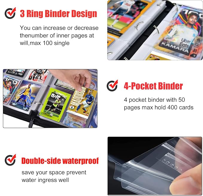 400 Pockets Soccer Card Binder for Soccer Cards 2025 2026 | Portable Waterproof Storage Bag with Removable Sleeves for Sports Cards Collectors