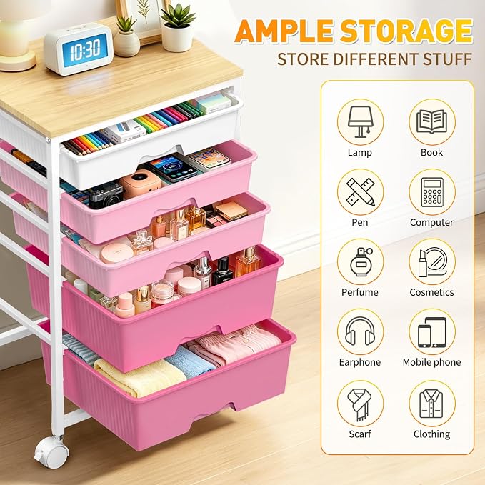 SUNALLY Rolling Carts with 5 Drawers, Storage Drawer Carts for Craft, Pink | Rolling Utility Cart with Wooden Tabletop & 2 Lockable Wheels, Teacher Storage Cart for Classroom School, Makeup, Nail, Art