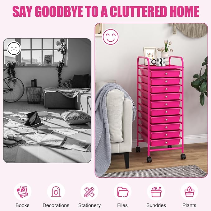 COSTWAY 10-Drawer Rolling Storage Cart, Utility Mobile Trolley | Removable Drawers & Universal Casters & 2 Brakes, Versatile Flexible Drawer Organizer Cart for Home, Office (Hot Pink)