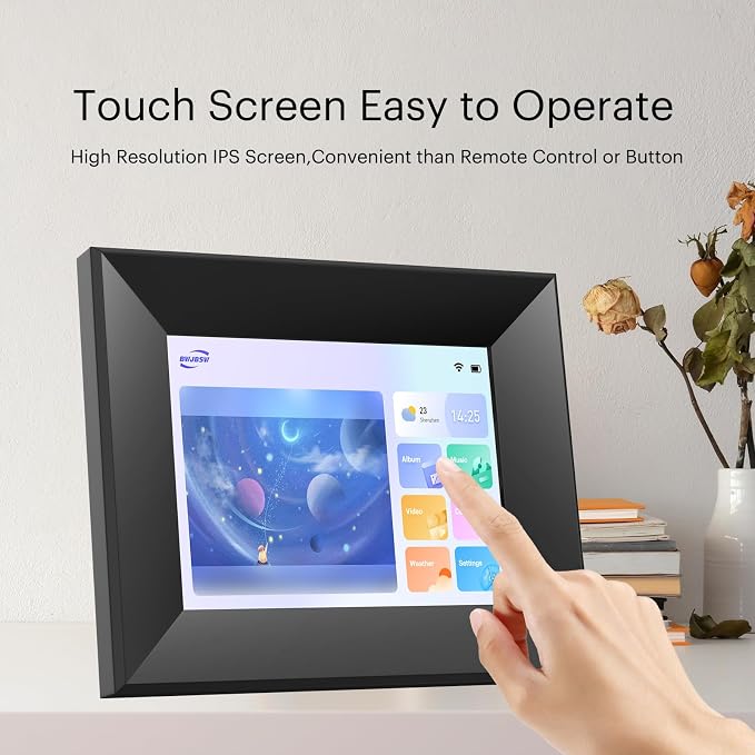 8-Inch Digital Picture Frame with WiFi, Wood Finish Smart Photo Frame HD IPS Touch Screen with 16GB Storage – Easy Photo & Video Sharing from Anywhere – Ideal Gift for Family, Black