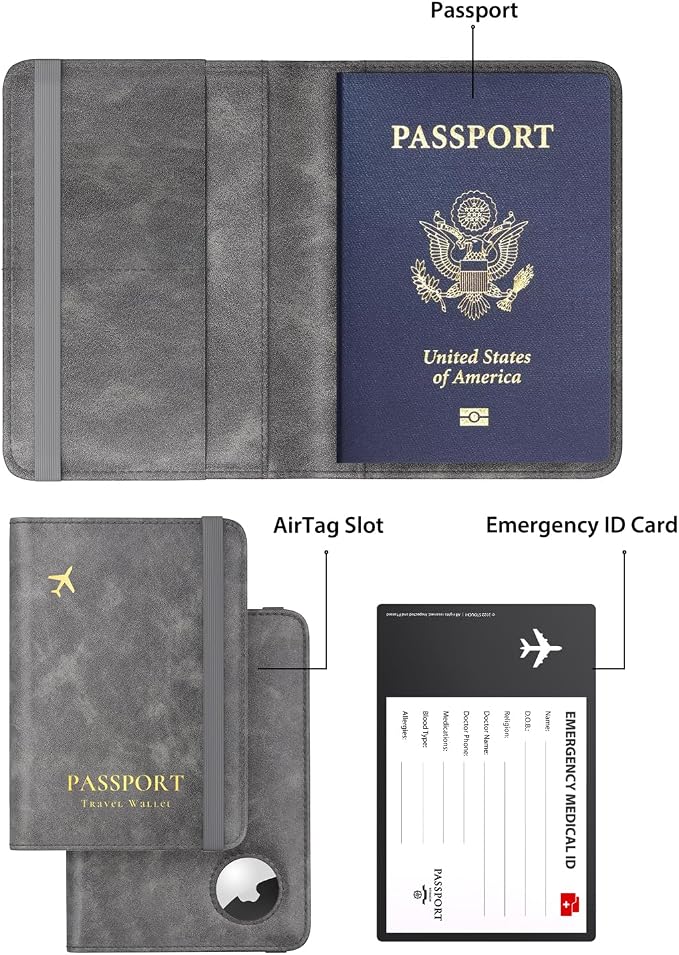 Stouchi AirTag Passport Wallet, Grey, Unisex, Faux Leather, RFID Blocking, Anti-Waterproof | Ultra-slim, Waterproof PU Leather, 5 Card Slots, RFID Blocking, AirTag Slot – Perfect for US Passports